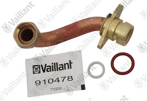 Rohr von Vaillant mit gewinkeltem Anschluss und zwei Dichtungsringen, liegend auf einem weißen Hintergrund.
